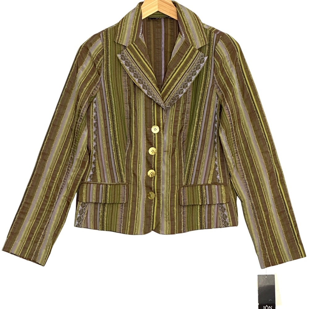 JON Teri-Jon Womens Jacket 6 Green Brown Stripe Lace Trim Boho Artsy Eclectic